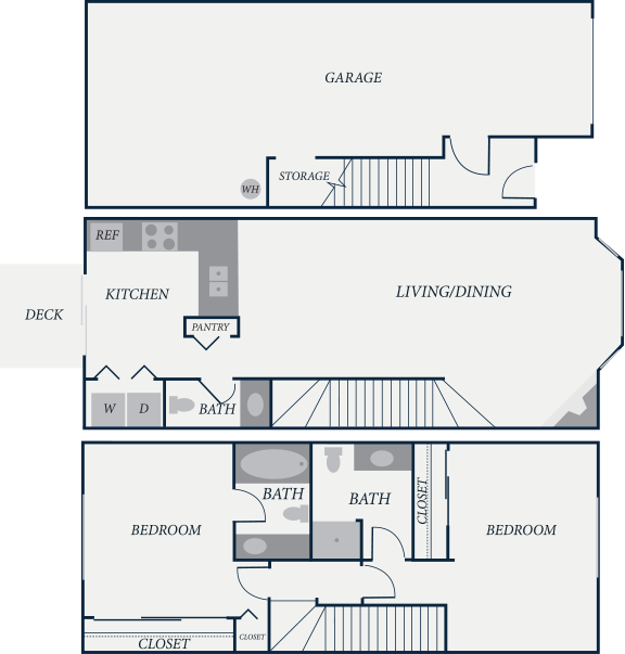 Plymouth Floor Plan, 2 Bedroom, 2.5 Bath, 1202 SF - The Row Townhomes, Townhomes for Rent between Factoria and Bellevue, Washington 98006