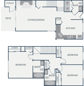 Yorktown Floor Plan, 3 Bedroom, 2.5 Bath, 1245 SF - The Row Townhomes, Townhomes for Rent between Factoria and Bellevue, Washington 98006